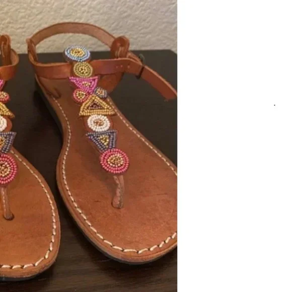 Anthropologie Laidback London hand crafted Artisan beaded T-strap sandals 38 - Picture 3 of 11